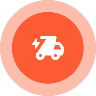 Electric delivery truck icon on orange background.