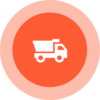 Dump truck icon on orange background.